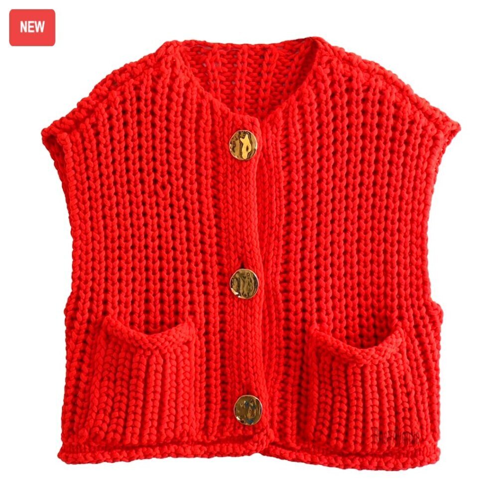Sleeveless Cropped Knit Cardigan Chunky Crochet Sweater Vest with Pockets